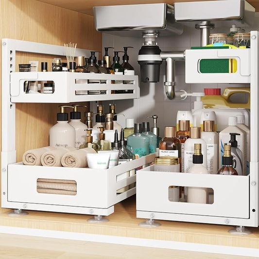 2 Pack 19IN-Depth Under Sink Organizer,Pull Out Cabinet Organizer With Smooth Cylindrical Rail,Metal Slide Out Drawer for Kitchen Bathroom Laundry,8-Level Tool Free Height Adjustable-White