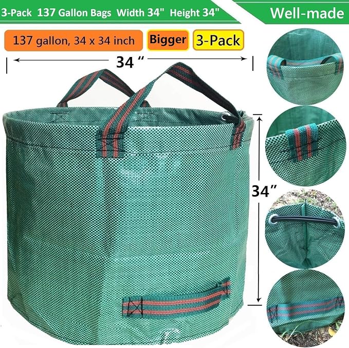 Professional 3-Pack 137 Gallon Extra Large Lawn Garden Bags (D34,H34 in) Reusable Yard Waste Bags with Gardening Gloves for Big Leaf Bag,Lawn Weeds,Grass Clippings Bag,Yard Debris Containers 4 Handles