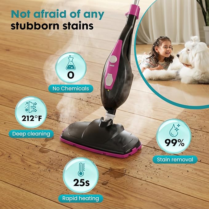 DUMOS 10-in-1 Multifunctional Steam Mop, 1550W Detachable Handheld Steam Cleaner, 16FT Power Cord with 2 Reusable Pads, Floor Steamer for Hardwood, Tile, Carpet, Grout, Windows