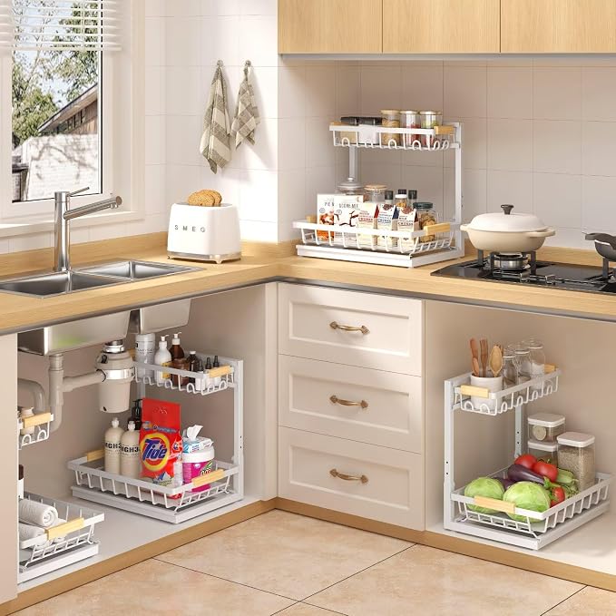 Sevenblue 2-Pack 2-Tier Height Adjustable Under Sink Organizer & Storage | Multi-purpose storage for kitchen & bathroom cabinet. Extra Large white shelf, height adjustable design for space-saving.