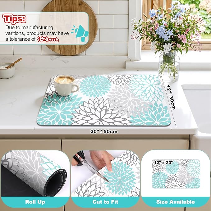 Findosom Dish Drying Mat, 12" x 20" Super Absorbent Dish Mat with Floral, Hide Stain Drying Mat for Kitchen Counter, Under Dish Rack, Coffee Maker, Espresso Machine, Teal
