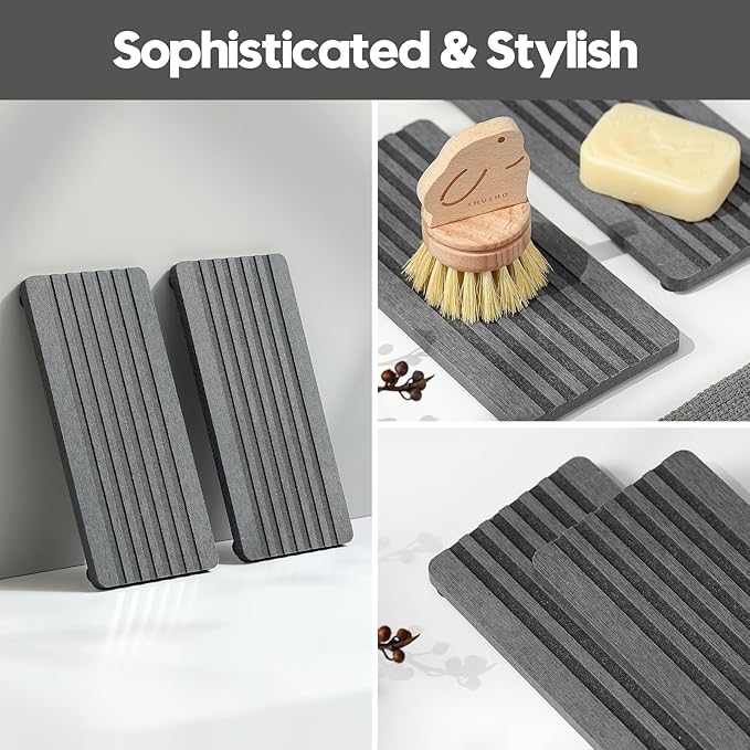 Razborci 2PCS Diatomite Quick Stone Drying Tray Mat For Bathroom & Kitchen Counter, Instant Dry Water Absorbent Drink Bar Coaster,Vanity Sink Caddy Organizer,Dish Soap Sponge Holders, Charcoal,8"x3.8"