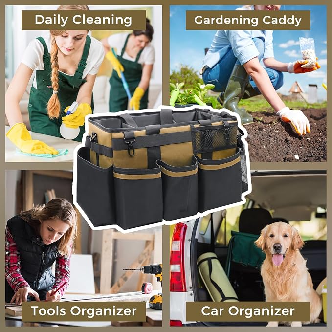 SCAVATA Wearable Cleaning Caddy Organizer with Handle & Shoulder Straps for Housekeepers, Under Sink & Car Cleaning Tool Organizer Bag with 4 Foldable Dividers (Tan)