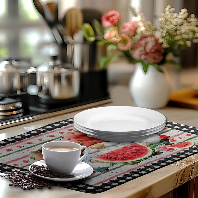 Summer Gnomes Dish Drying Mat Watermelon Buffalo Plaid Large Kitchen Dish Drying Pad Absorbent Drying Mat for Countertops Dish Dryer Mat Microfiber Dishes Drainer Pad Dish Drying Rack Mat 18x24 in