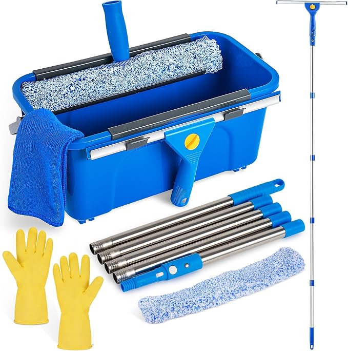Professional Window Cleaning Kit, Window Washing Kit with 3 Gallon Bucket, 14-Inch Squeegee, 15-Inch Scrubber, 76-Inch Extendable Pole, Set of Window Cleaning Equipment for Home & Commercial Use