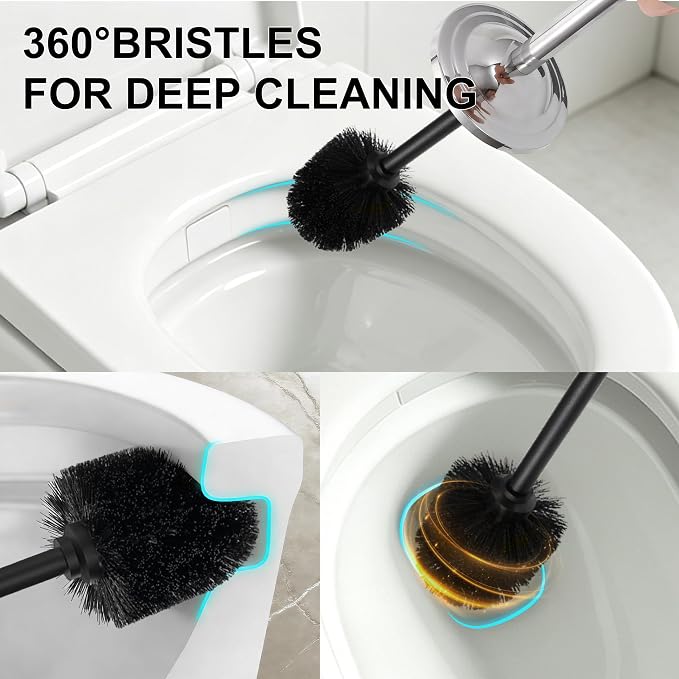 Stainless Steel Toilet Brush and Holder Set,Extra Long Handled Toilet Brush for Bathroom,Heavy Duty Toilet Bowl Brush,Modern Toilet Cleaner Brush, Splash Protection,Deep Cleaning (Chrome)