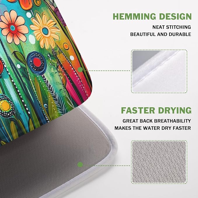 Abstract Colorful Floral Dish Drying Mat for Kitchen Counter Spring Summer Flower Microfiber Dish Drainer Mat Rustic Absorbent Washable Drying Pad 16"x18"