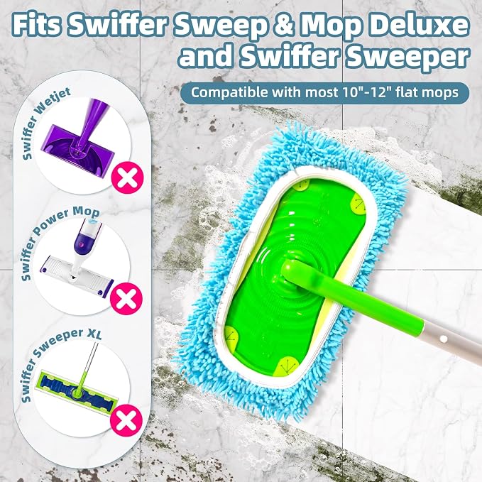 Reusable Microfiber Mop Pads Compatible with Swiffer Sweeper Mop, Washable Wet Pads Refill & Chenille Dry Sweeping Cloths for Use on All Sealed Floors - Wood, Laminate, Stone & Tile (10 Coral Blue)