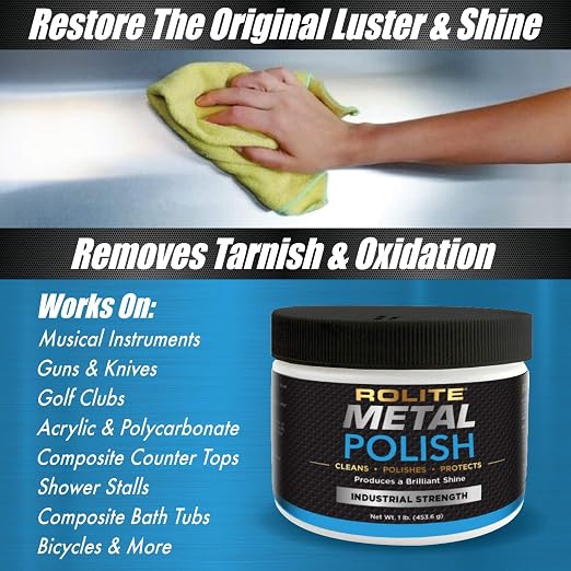 Rolite Metal Polish Paste, 4.5 oz, Industrial Strength Scratch Remover & Cleaner for Aluminum, Chrome, Stainless Steel, Restores Shine to All Metals, Heavy-Duty Polishing Paste
