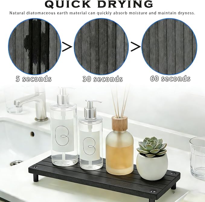 Durable Kitchen Sink Organizer, Instant Dry Sink Caddy for Bathroom Counter, Diatomite Stone Drying Tray, Upgrade Water Absorbing Stone Tray for Sink, Anti-Slip Stone Soap Tray -Dark Gray