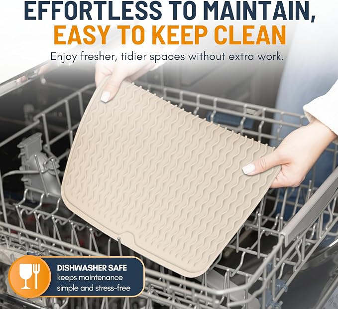 Silicone Dish Drying Mat for Kitchen Counter - Multi-Use 18 x 16 Inch Pad, Non-Slip & Heat-Resistant, Perfect Dish Drainer Mat by Linda’s Essentials, Ideal Kitchen Accessory (Beige)