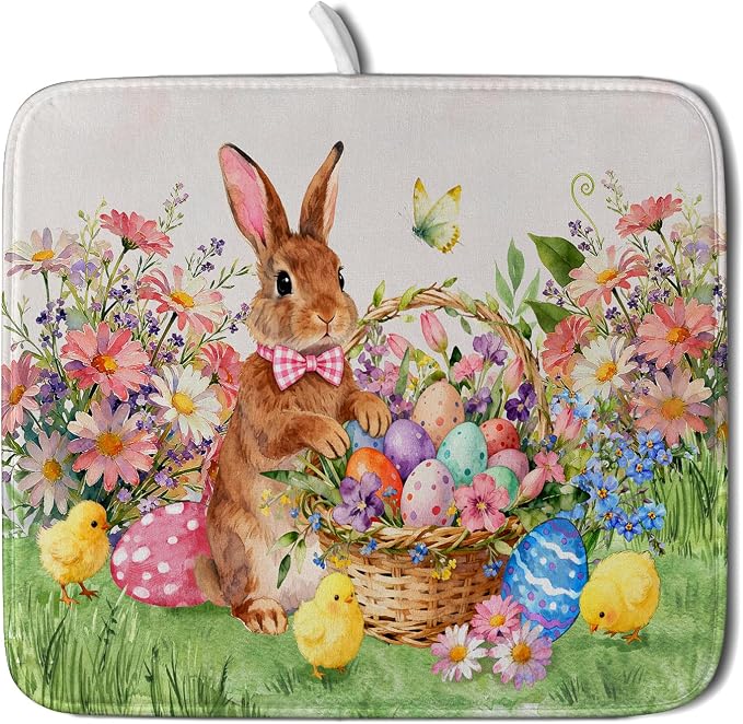 Spring Easter Dish Drying Mat for Kitchen Counter Colorful Egg Holiday Decoration Cloth Dish Mats Small