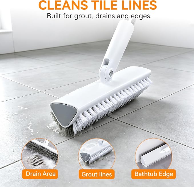 Scrub Brush with Long Handle, Extends to 55 in, Pivoting Triangle Head | Dual-direction stiff bristles work on push and pull strokes for bathtub, shower, tile, grout, patio and concrete
