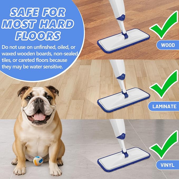 HOMTOYOU Microfiber Flat Mop with Sprayer: Spray Mop with 4 Washable Pads | Cleaning Multi-Surface Floors, 1Pcs 400+ML Refillable Bottle, Wet Dry Use, 360° Swivel Head, White