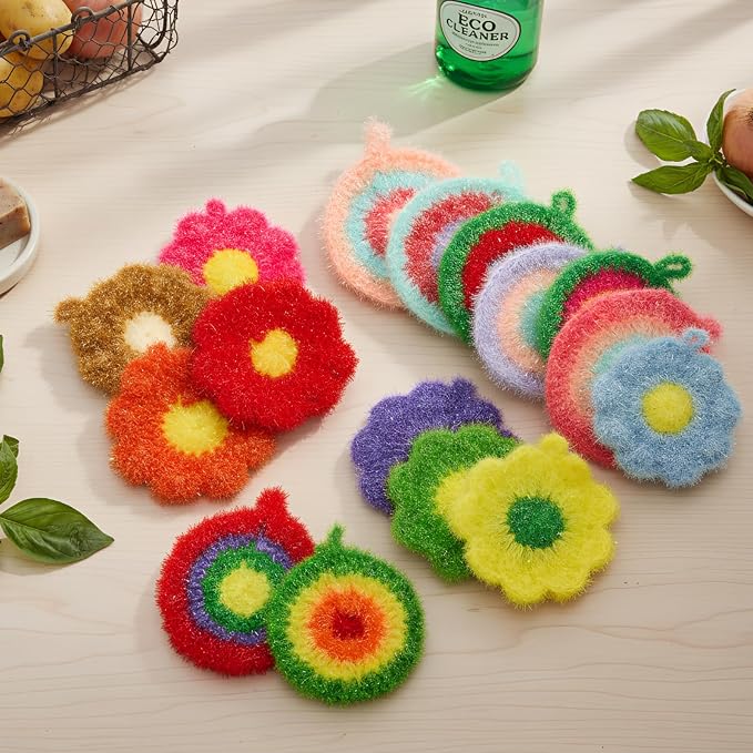 Kenning 16 Pcs Dish Scrubber Non Scratch Dish Washing Scrubbers Reusable Household Cleaning Kitchen Tools for Dishwashing Washing Dishes Cookware Tubs Sinks (Flower)