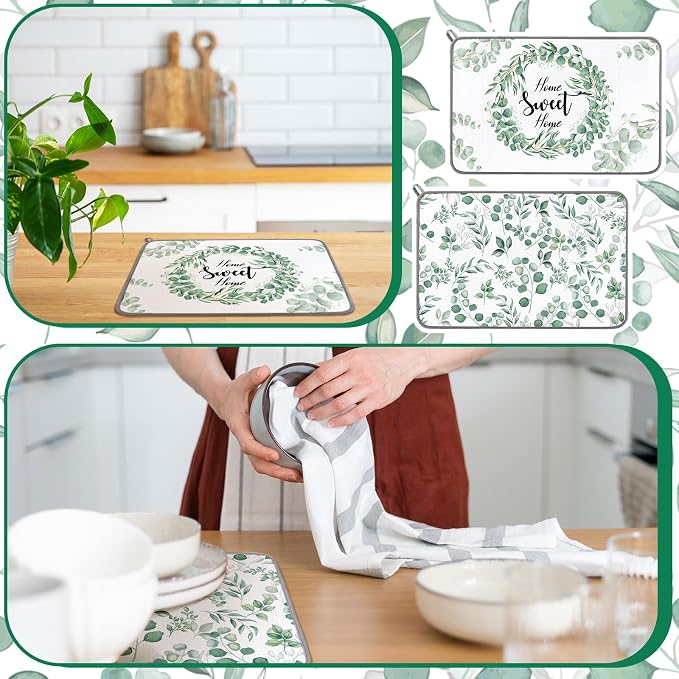 Zonon Dish Drying Mat for Kitchen Counter 16 x 24 Microfiber Absorbent Dish Drainer Rack Pads Fast Dry Mat Vintage Kitchen Decorations(Green,16" X 24",Eucalyptus Leaves)