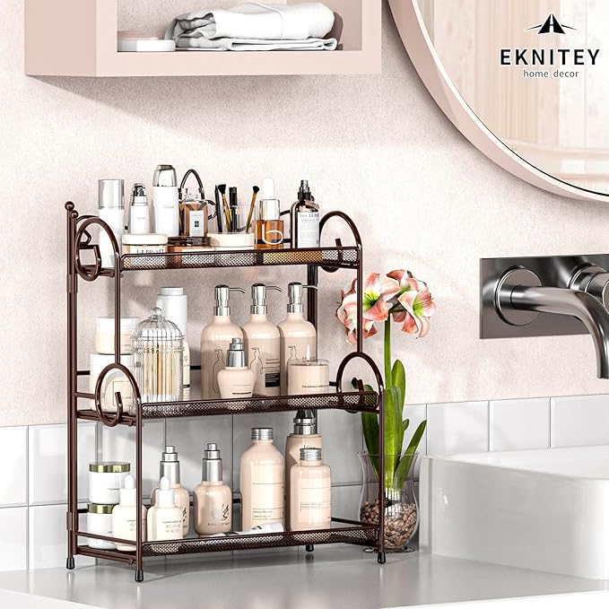 EKNITEY Bathroom Organizer Shelf Countertop - 3 Tier Spice Rack No Assembly | Kitchen Counter Organizer, for Skincare Makeup Vanity, Sturdy Metal Frame, Easy to Clean, Space-saving, Foldable, Brown