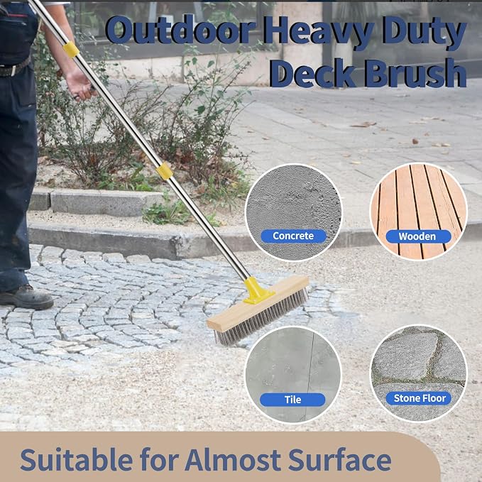 Stainless Steel Deck Brushes with Long Handle for Scrubbing Concrete Floor | 60" Concrete Floor Scrub Brush with Long Handle, Metal Stiff Wire Scrubber Broom for Garage, Patio, Garden, Outdoor Stain