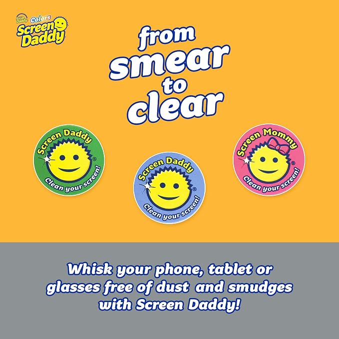Scrub Daddy, Screen Daddy - Multi-color, Multi-use Microfiber Cleaning Pads for Electronic Screens With Convenient Storage, Scratch Free, Streak Free, Reusable and Washable, 3ct