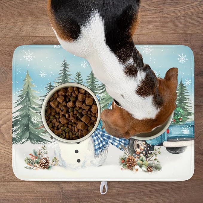 Giwawa Winter Snowman Blue Dish Drying Mat Xmas Truck Dishes Pad 18"x24" Microfiber Absorbent Drainer Rack Mats Protector for Kitchen Counter Sink