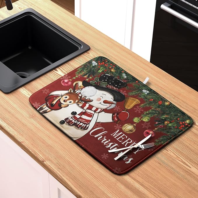 Christmas Dish Drying Mats for Kitchen Counter 16x18 Cute Snowman Red Dish Drying Pad for Dishes Winter Xmas Holiday Dish Draining Mat Absorbent Microfiber Dish Drainer Rack Mats