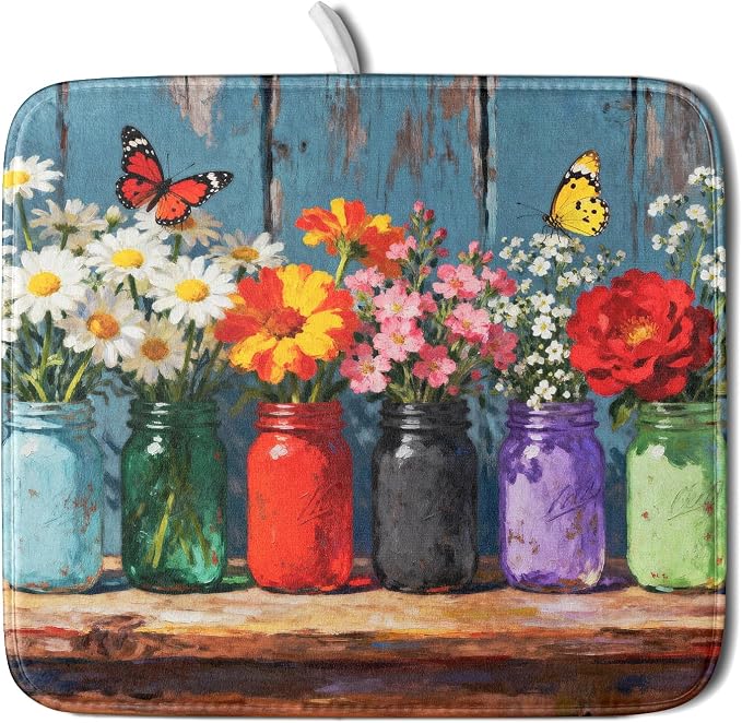 Floral Dish Drying Mat Small for Kitchen Counter 16x18, Spring Summer Farmhouse Decorative Absorbent Reversible Microfiber Kitchen Countertop Protector Dishes Drainer Pad