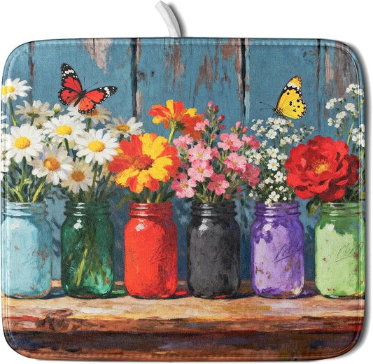 Floral Dish Drying Mat Small for Kitchen Counter 16x18, Spring Summer Farmhouse Decorative Absorbent Reversible Microfiber Kitchen Countertop Protector Dishes Drainer Pad