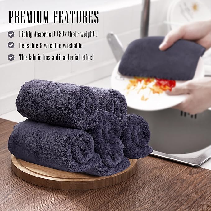 Sunny zzzZZ 24 Pack Kitchen Dishcloths - Does Not Shed Fluff - Reusable Dish Towels, Dish Cloths, Super Absorbent Coral Fleece Cleaning Cloths, Nonstick Oil Washable Fast Drying, 10 x 20 Inch (Grey)