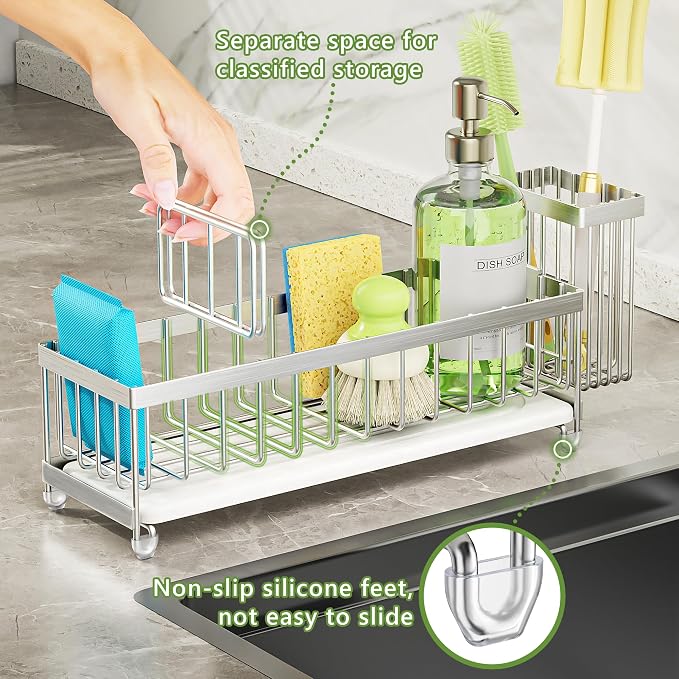 Cisily Extra Large Sink Caddy Organizer with Drying Stone, Silver Sponge Holder for Kitchen, Dish Brush Holder for Countertop, Kitchen Decor Storage and Essentials