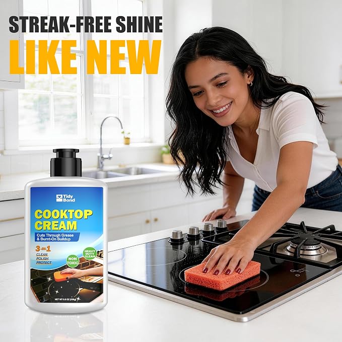 Glass Cooktop Cleaner & Polish Kit – Heavy Duty Stove Top Cleaner with Scraper & Scrubbing Pad, Removes Burnt-On Food, Grease & Tough Stains, Safe for Induction, Electric & Ceramic Cooktops – 8.8 oz