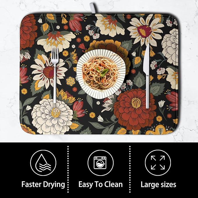 Vintage Floral Dish Drying Mat for Kitchen Counter Retro Sunflower Floral Absorbent Microfiber Dry Dish Mat Reversible Washable Dish Drainer Rack Mat 16x18 Inch