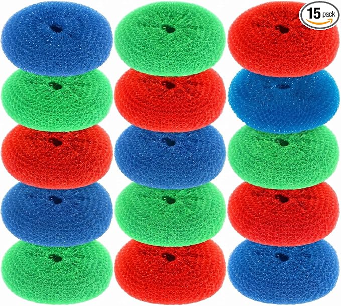 Blulu 15 Pcs Plastic Dish Scrubbers for Dishes Pot Round Nylon Pad, Mesh Scouring Non Scratch Pads (Rainbow Colors)
