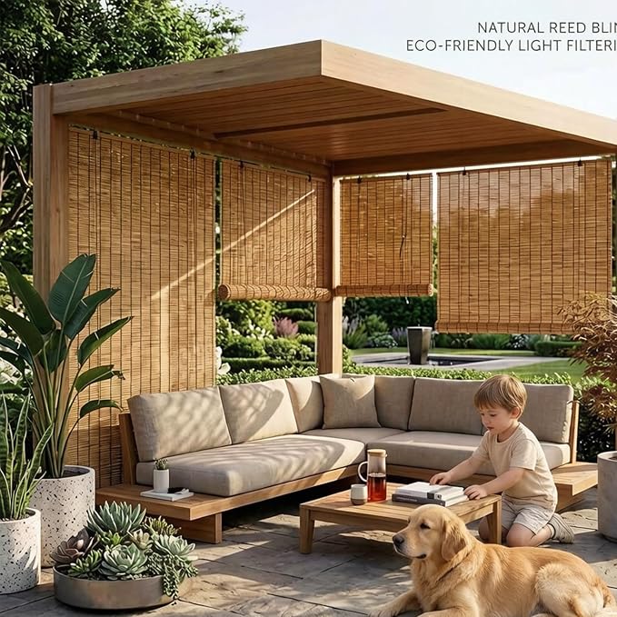Retro Bamboo Shades for Outdoor Patio Privacy, Waterproof Bamboo Blinds, Natural Reed Bamboo Roll Up Blinds, Bamboo Roller Shades for Porch Gazebo Deck Windows, Sizes 16" to 80" Wide(46" W x 84" H)