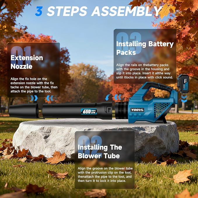 Leaf Blower Cordless, 650CFM Electric Leaf Blowers with 2 x 5.2Ah Batteries and Charger, 3 Speed Modes, 1 x Adjustable Shoulder Strap, Powerful Blowers for Lawn Care, Patio, Dust, Blowing Leaves