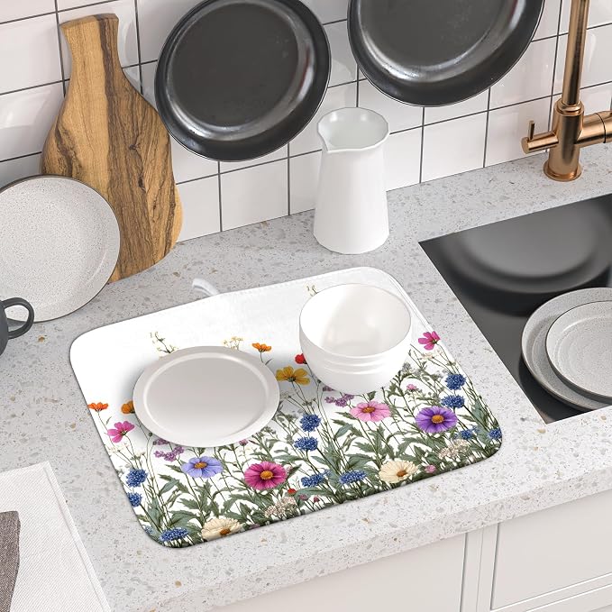 Giwawa Flower Herbs Dish Drying Mat Botanical Plant Dishes Drainer Mat 16x18 inch Reversible Microfiber Drying Dish Pad for Kitchen Counter Decor