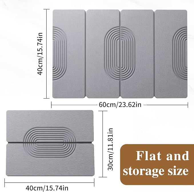 Foldable Stone Dish Drying Mat for Kitchen Counter, Diatomaceous Earth Drying Mat with Non-Slip Backing, Heat Resistant Multifunctional Mat for Kitchen & Bathroom, Instant water absorption-(24"×16")