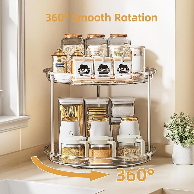 LAMU 2 Tier Lazy Susan Turntable Organizer for Cabinet, 9'' Rotating Spice Rack for Kitchen, Pantry, Countertop, Bathroom, Vanity, Under Sink, Medicine Cabinet Organizer, 2 Pack
