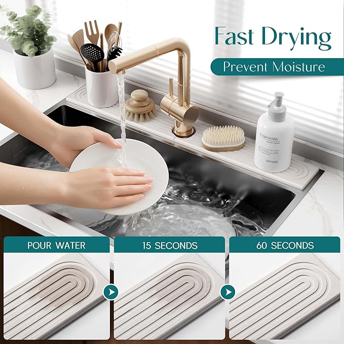 eormoe 30 Inch Faucet Mat for Kitchen Sink - Instant Dry Sink Protector for Countertop, Extra-Long Diatomaceous Earth Stone Sink Tray Around Faucet for Kitchen Bathroom RVs (Light Grey, 30" x 3.9")