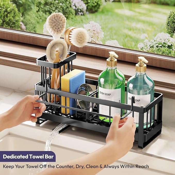SWTYMIKI Sponge Holder for Kitchen Sink - Sink Caddy with Brush Holder Self-draining Sponge Caddy Organizer with Divider Stainless Steel Kitchen Accessories Storage for Countertop, Black - Large