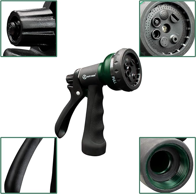 AUTOMAN-Garden-Hose-Nozzle, ABS Water Spray Nozzle with 7 Adjustable Watering Patterns, Slip Resistant for Watering Plants, Lawn& Garden, Washing Cars, Cleaning, Showering Pets & Outdoor Fun.
