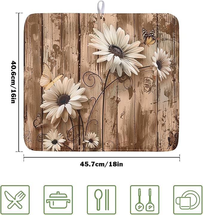 Summer Daisy Flowers Dish Drying Mat for Kitchen Counter 16x18in Rustic Wood Floral Kitchen Mat Daisy Microfiber Absorbent Dish Drainer Mat Fast Dry Kitchen Accessories Dishes Pad for Countertops