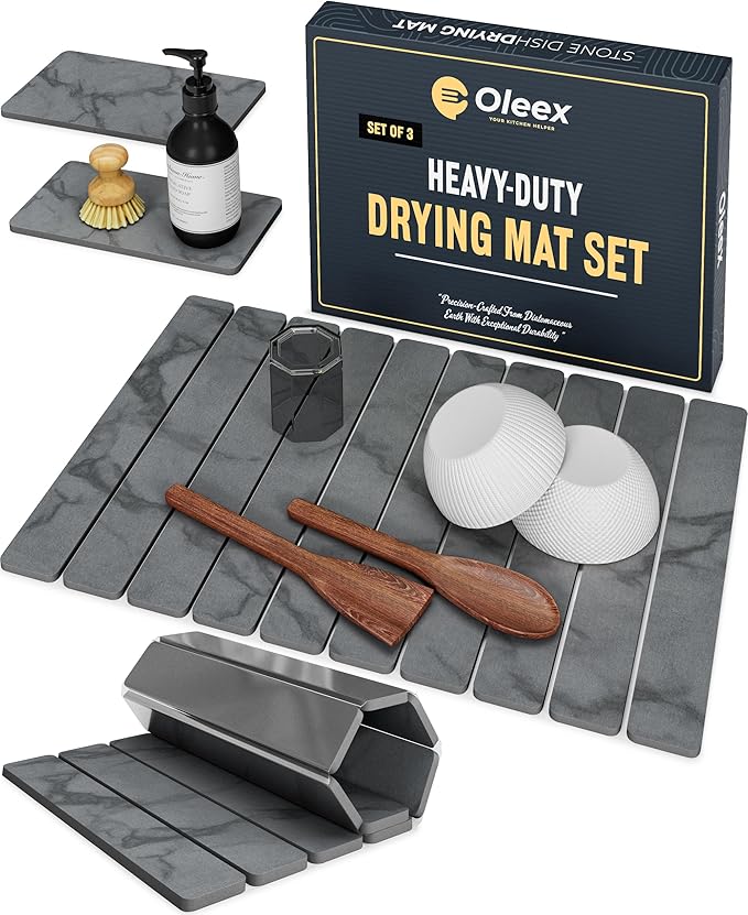 Oleex 3-Pack Stone Dish Drying Mat Set Includes 1 Large 24”x16” & 2 Small 4”x9” for Kitchen Counter-Collapsible Diatomaceous Earth Pad Absorbs Water & Dries Dishes Fast, Non-slip, Odor-Resistant Mats