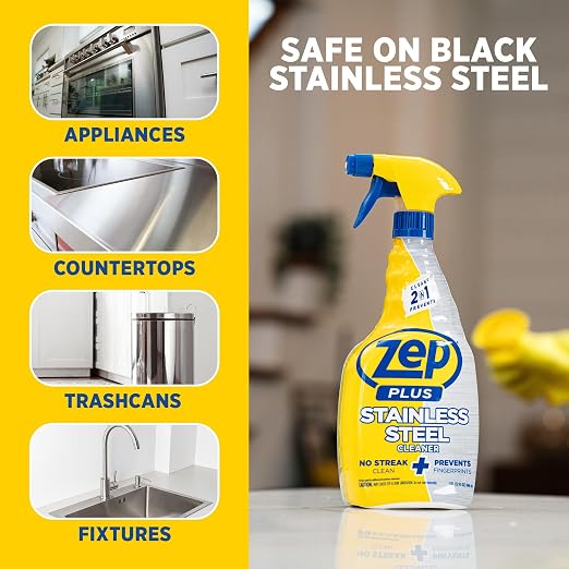 Zep Plus Stainless Steel Cleaner 32 oz (2 Units) & a Blue Microfiber Rag ECBD022 - Streak-Free Fingerprint Removal for Stainless Steel Appliances