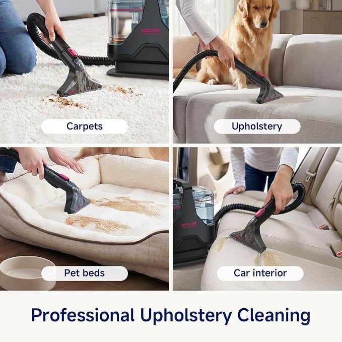 Portable Carpet Cleaner，18kPa Handheld Spot Cleaner for Upholstery and Car Interior，Pet Stain Remover with 500ml Tank，Lightweight for Sofa，Couch，Stairs，Mattress，Black and Pink