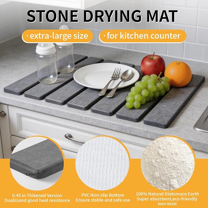 Stone Dish Drying Mat for Kitchen Counter, 16''×12'' Quick Dry Stone Dishes Mats Foldable Foldable Water Absorbing Diatomaceous Earth Drying Organizer Pad for Dishes Utensils Bottles(Dark Gray)