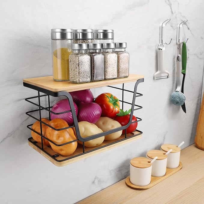 ALOCEO Large Wire Basket for Kitchen Pantry, Stainless Steel Kitchen Counter Organizer for Potato Onion, Trash Bag Dispenser Under Sink with Bamboo Top, Black