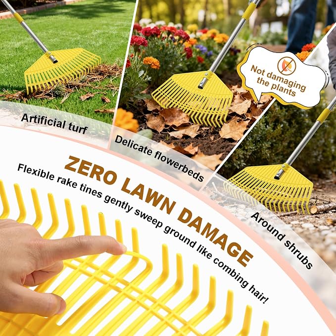 Leaf Rake - 16.5" Wide Nylon Plastic Head,65" Adjustable Handle,Heavy Duty for Leaves,Grass,Pine Needle,Mulch, Small Debris,Lawn-Friendly Tines,Lightweight for Women,Seniors & Kids