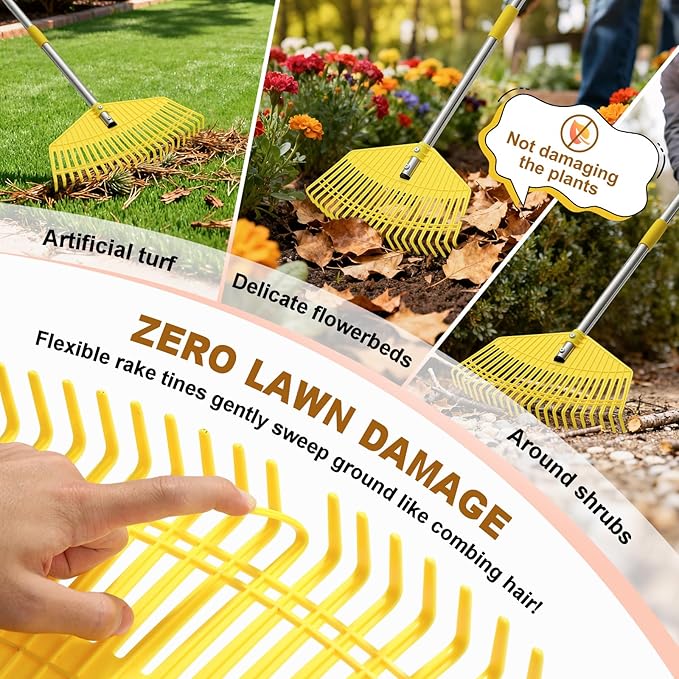 Leaf Rake - 16.5" Wide Nylon Plastic Head,51" Adjustable Stainless Steel Handle,Heavy Duty Gardening Leaves Rake Tools for Garden Lawns,Yard,Shrub,Grass - Lightweight for Women,Seniors & Kids
