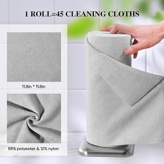 Microfiber Cleaning Cloth Roll 45 Pack, 12"×12", Reusable, Tear Away, Grey | Reusable Paper Towels Washable Roll, Highly Absorbent, Lint Free Dish Rags for Kitchen, Window, Car, Shop