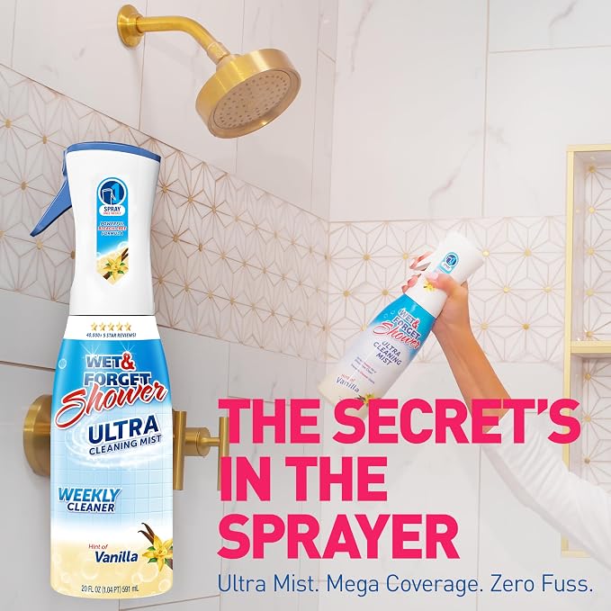 WET & FORGET Shower Ultra Cleaner Mist Vanilla Scent No-Scrub Weekly Bathroom Spray for Fiberglass, Tile, Glass, Grout & More, 1 Spray and 1 Refill, 20oz each